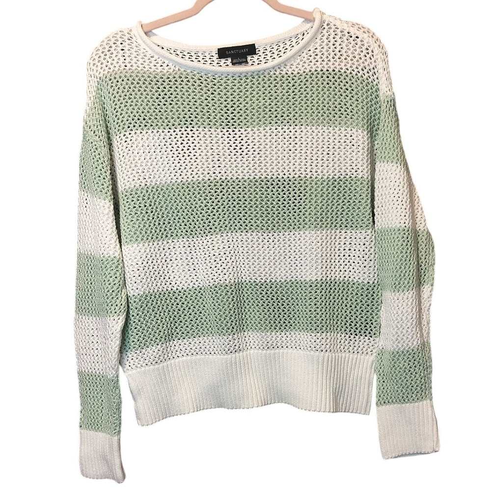 Sanctuary Striped Mesh‎ Knit Sweater Green White Long Sleeve Women's Large